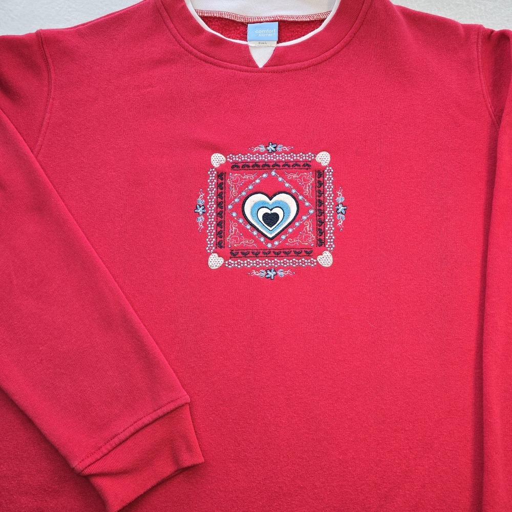 Vintage 90s Comfort Corner Double Collar Sweatshirt Embroidered Heart Red Large